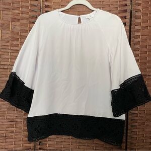 J.Jill Christian Siriano Blouse, White w/black Lace Trim, Size XS.
